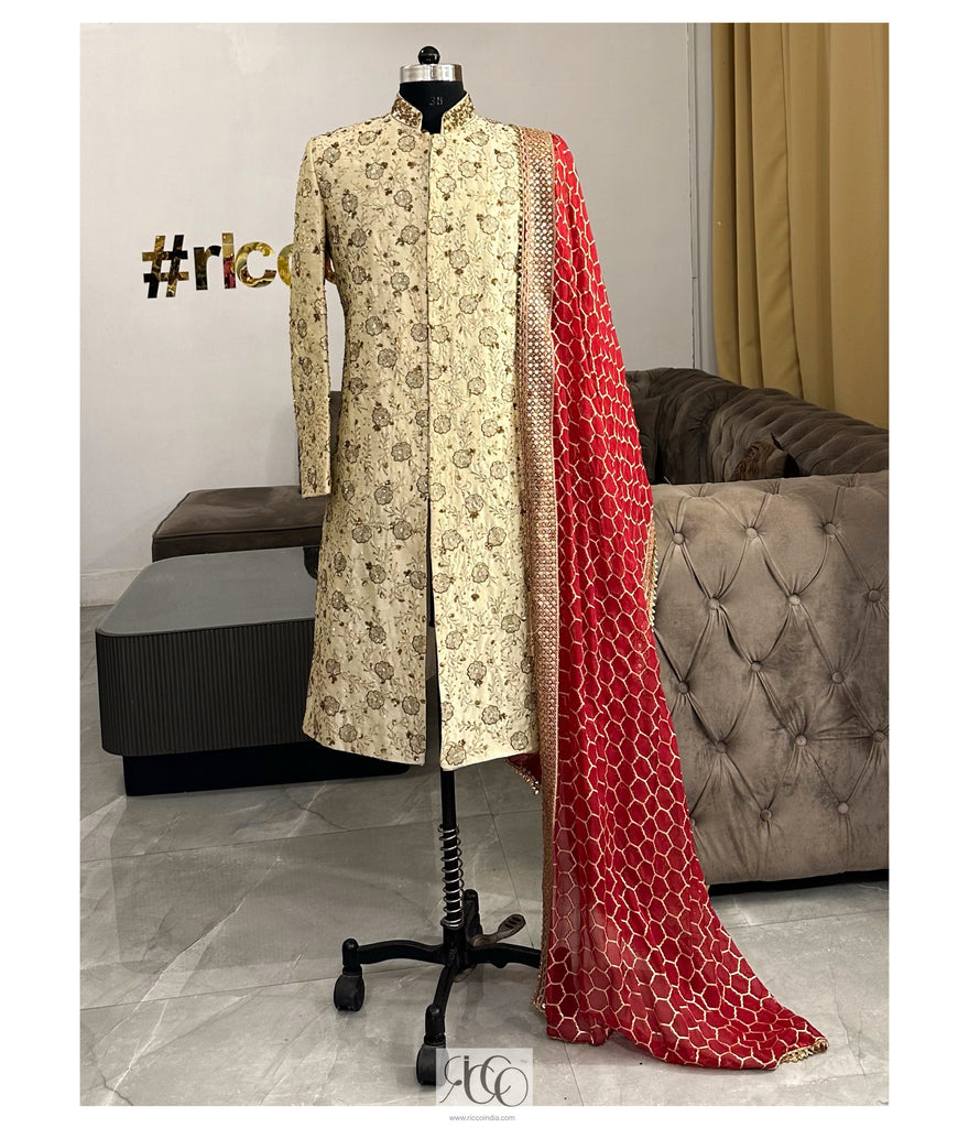 IVORY SHERWANI WITH BANARSI SHAWL – Ricco India