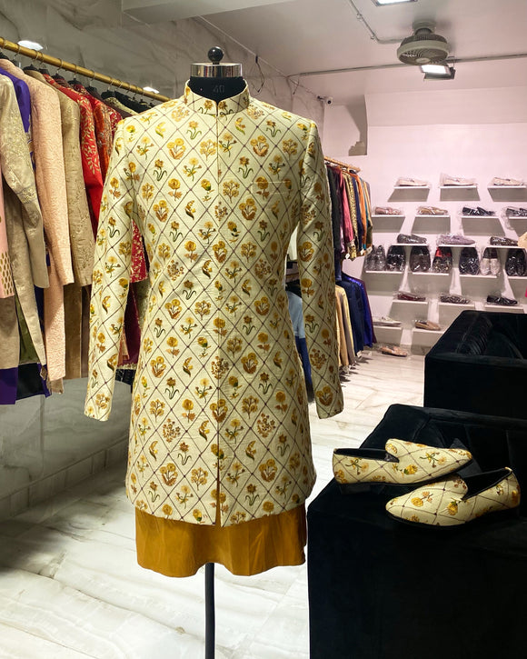 Ivory sherwani with mustard work