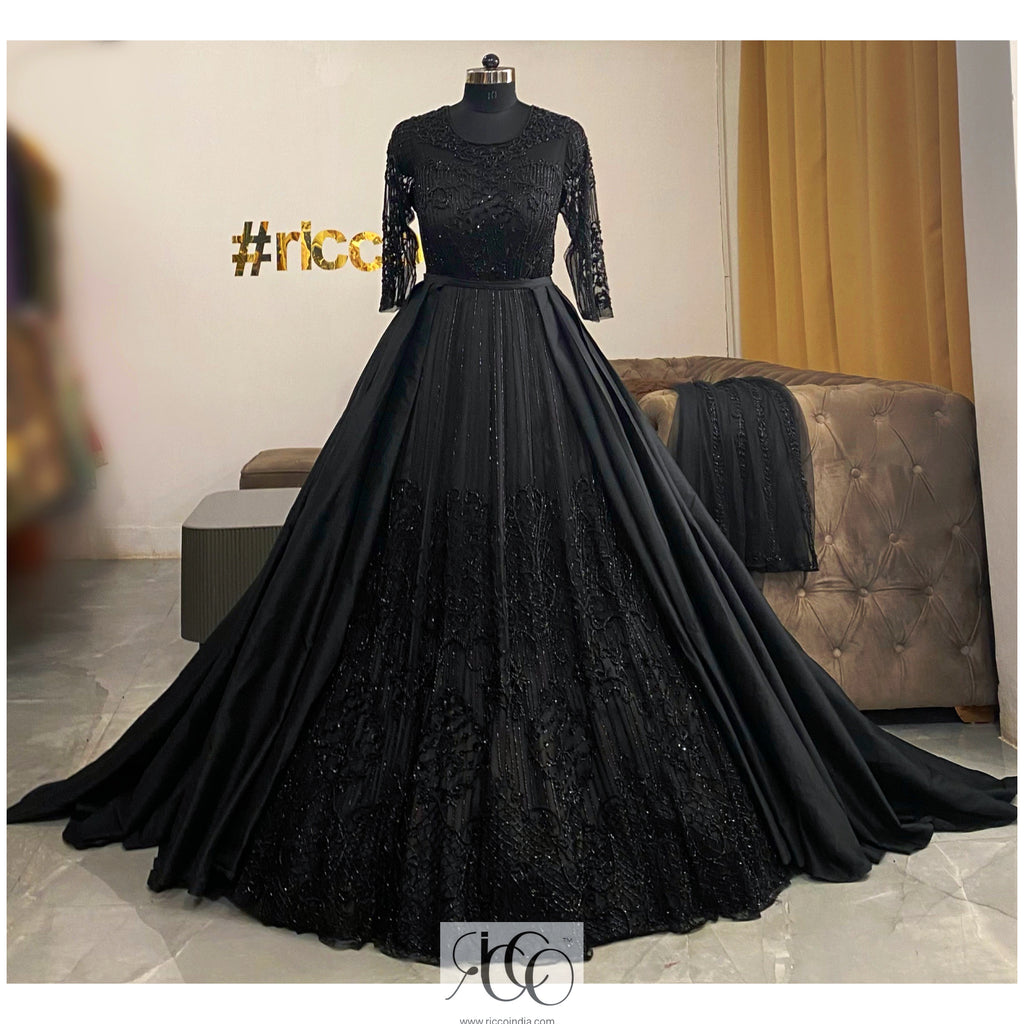 BLACK BEADED GOWN WITH REMOVABLE TRAIN – Ricco India