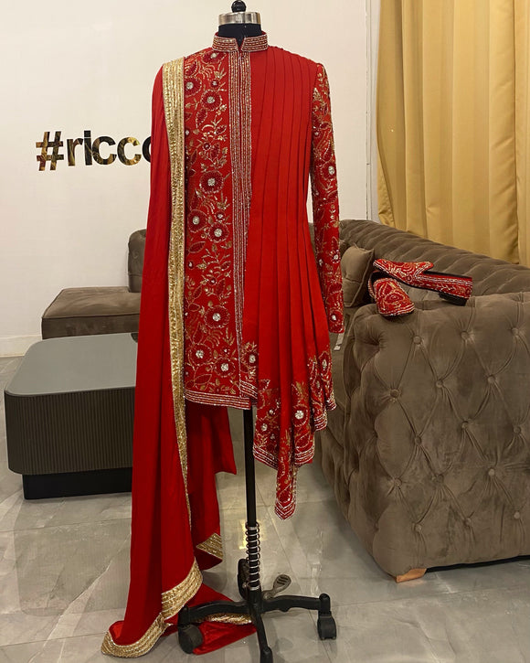 Red sherwani with shoes and stole