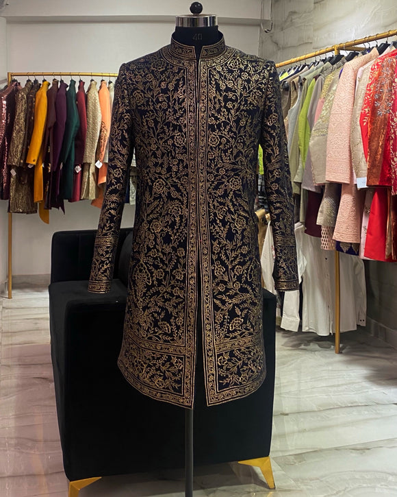 Blue velvet sherwani