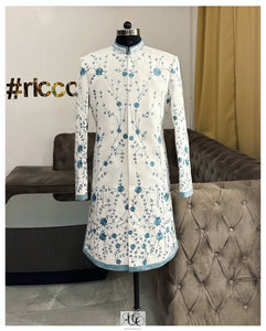 WHITE & BLUE EMBROIDERED SHERWANI