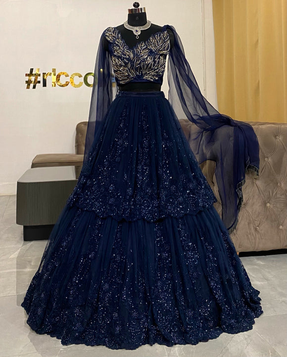 Blue layered lehenga with structured top