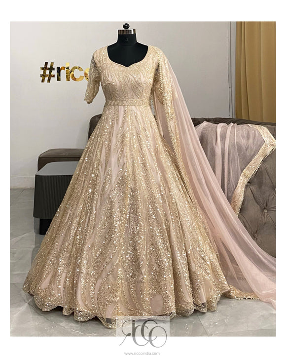Pink Golden Embroidered Silk Party Wear Gown Dress – Kasturi Creations