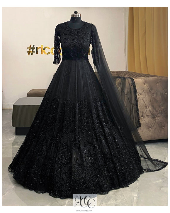 Party Wear Black Color Plain Long Gown With Dupatta - Cloths