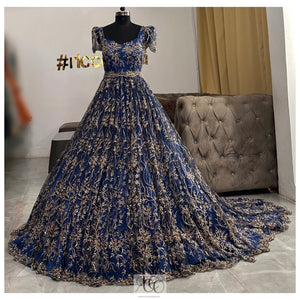 BLUE TRAIN GOWN WITH PUFFY SLEEVES