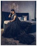 Charcoal blue train gown with shoulder cape