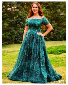 Green off-shoulder gown