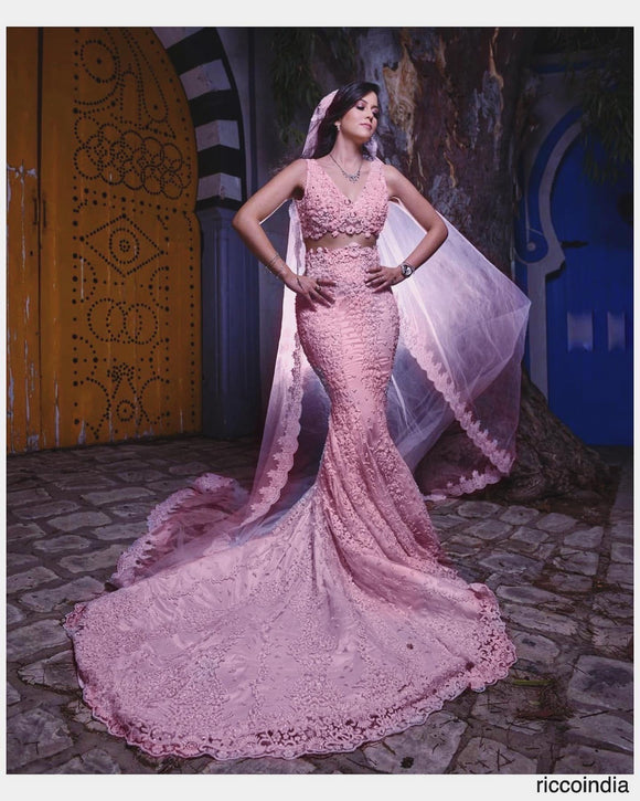 Pink Pearl Bead & Crystal Hand Embroidered Mermaid Gown – Talking Threads