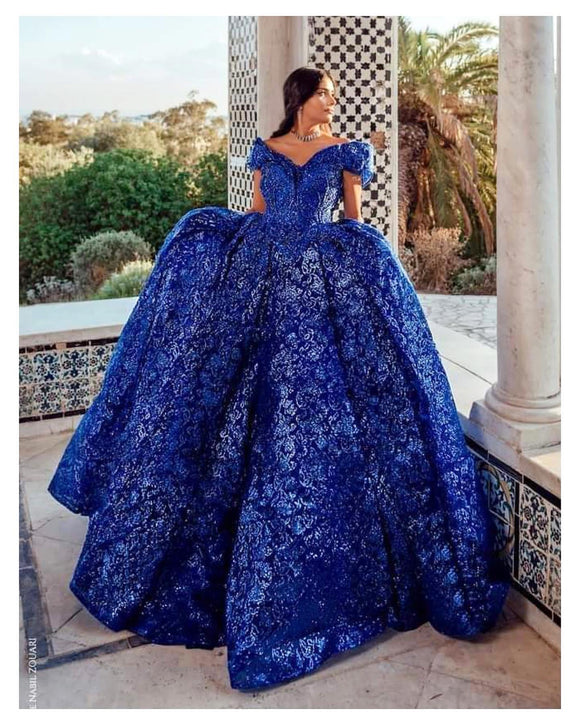 Off the Shoulder Royal Blue Sequin Ball Gown Quince Dresses 66536 vini –  Viniodress