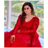Red gown with detachable trail