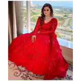 Red gown with detachable trail