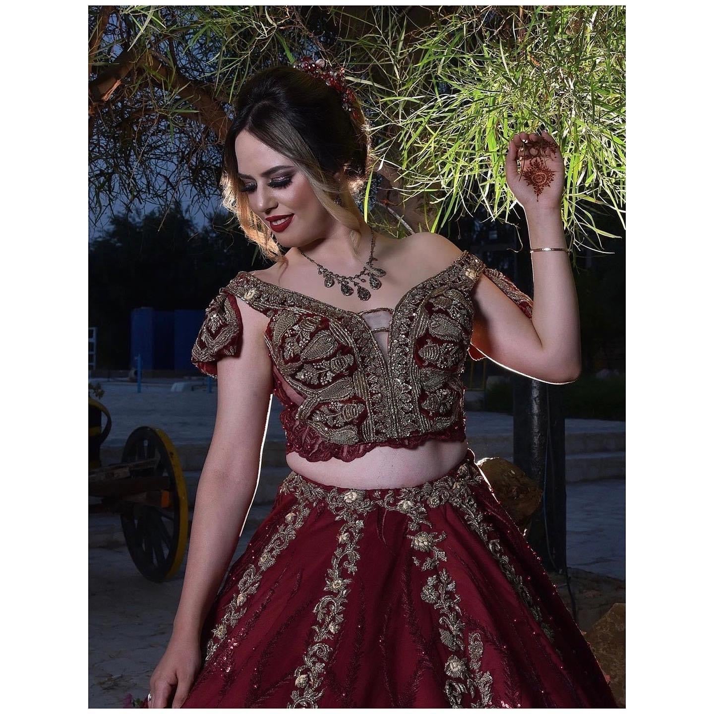 Burgundy crop-top skirt with grey beading