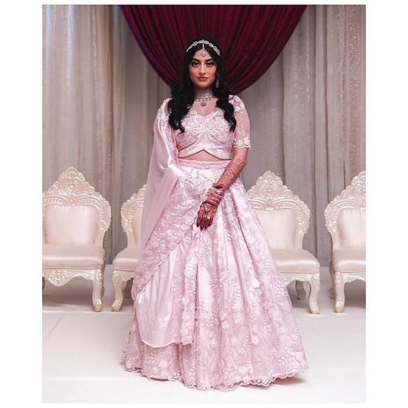 Pink lehenga with organza flowers