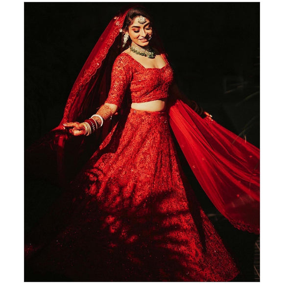 Red lehenga with red beading