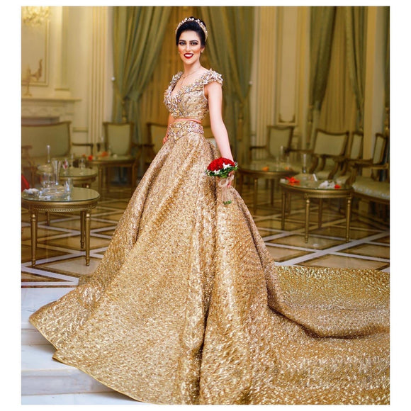 Buy Gold Western Bridal Gown With Hand Work And Back Trail