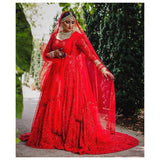Red Anarkali gown with trail