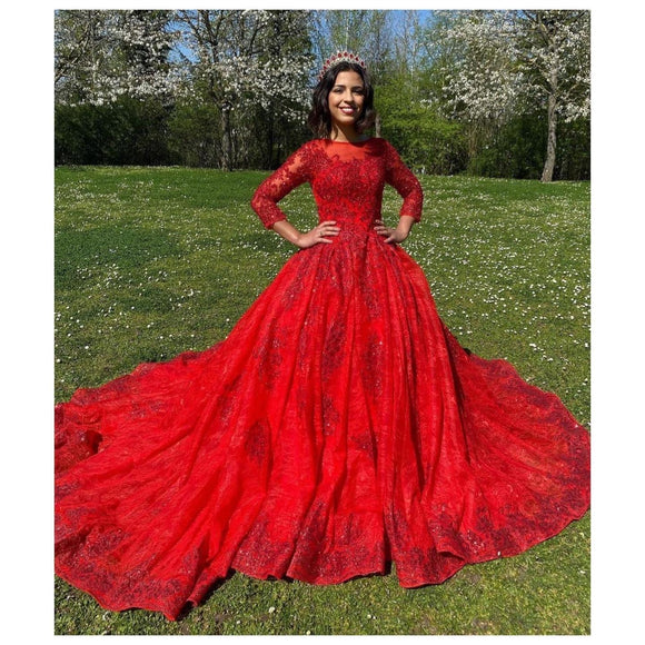 Long Sleeves Ball Gown Burgundy Quinceanera Dress Prom Dress – Pgmdress