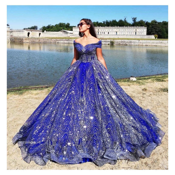 Blue structured ball-gown