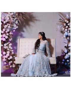 Blue couture Anarkali with Pakistani embroidery