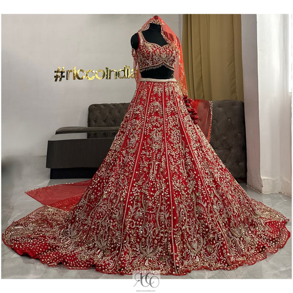 RED TRAIN BRIDAL LEHENGA