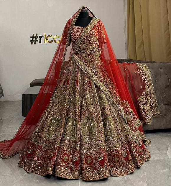 RED MAHAL EMBROIDERY LEHENGA