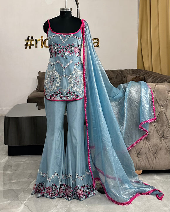 MINT BLUE SHARARA WITH PINK & SILVER BEADING