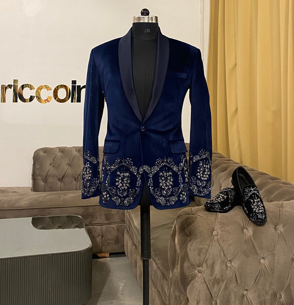 Blue embroidered tux with shoes – Ricco India1