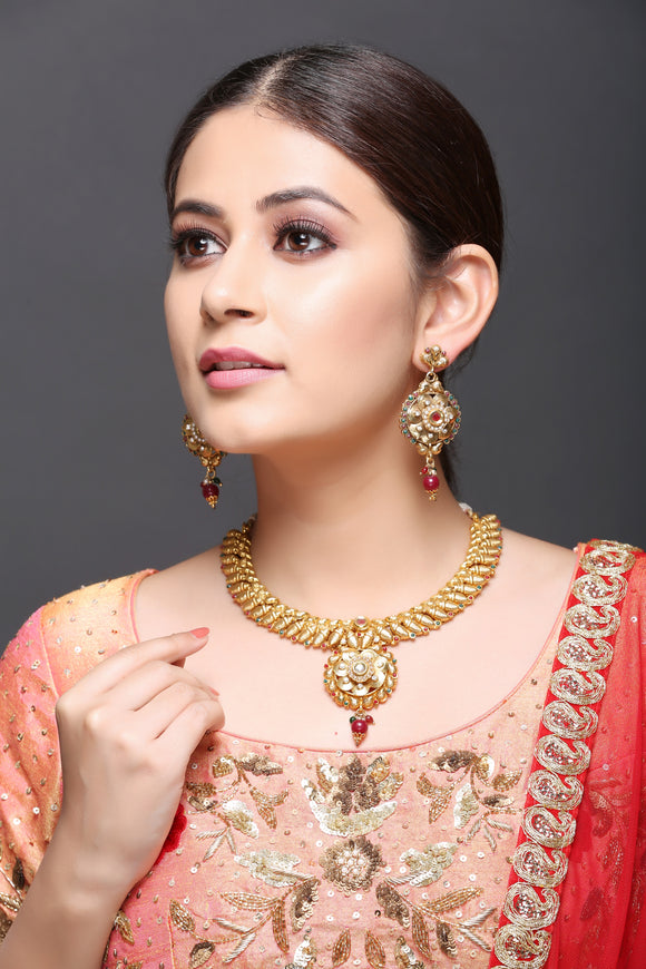 Ethnic Necklace With Red And Green stones