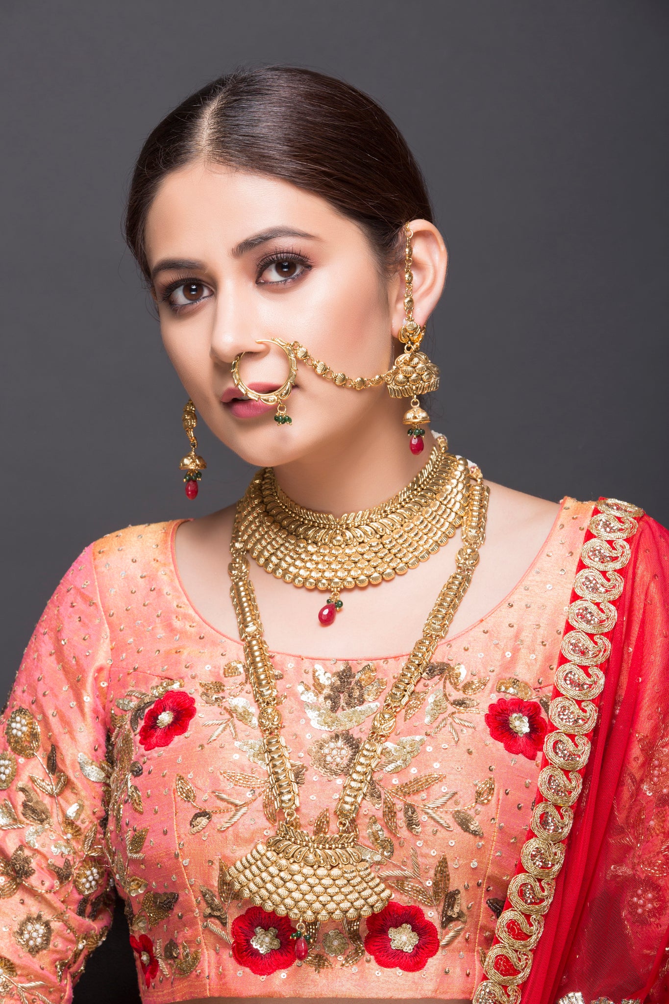 Classic gold Bridal choker and rani haar With Red Drops – Ricco India
