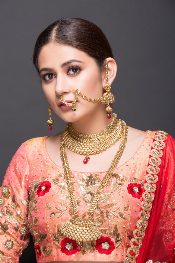 Classic gold Bridal choker and rani haar With Red Drops