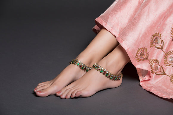 Red Green Kundan Anklet