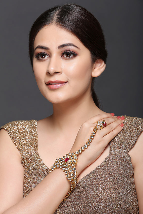 Kundan HaathPhool With Red Stone