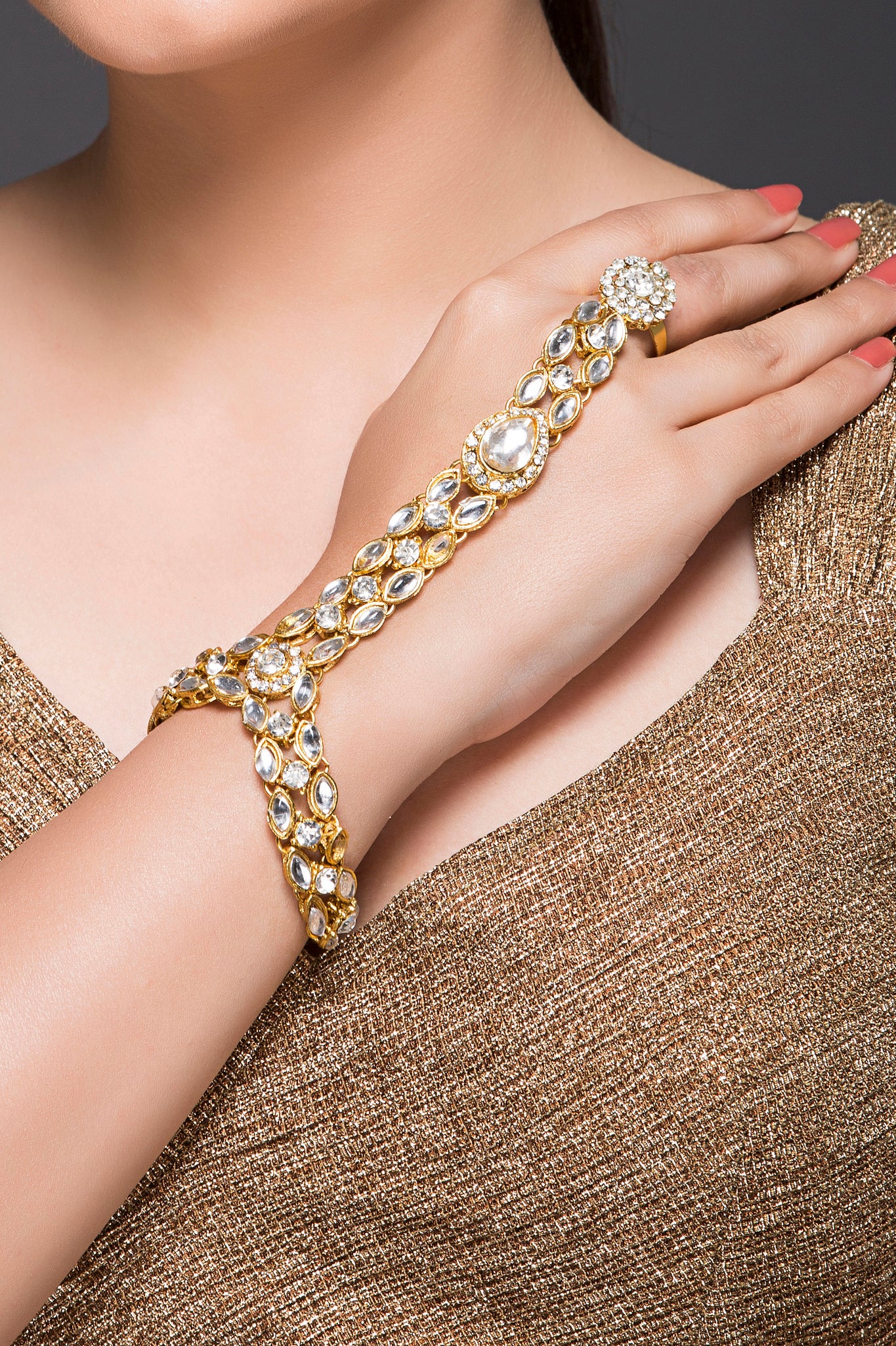 Sasha girls gold-toned brass kundan gold-plated ring bracelet - Sasha -  4164733
