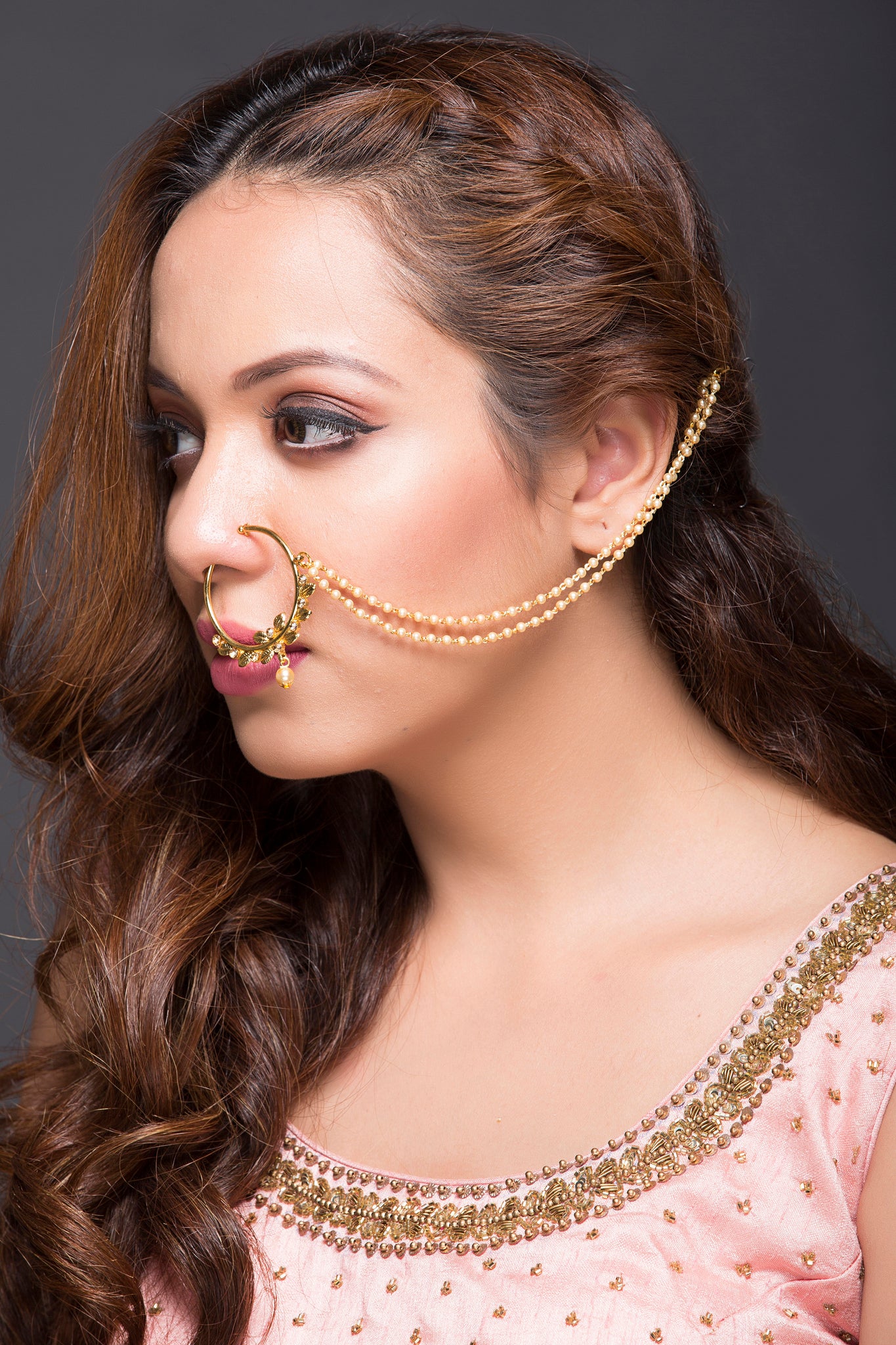 Gold Plated Bridal Jewellery Nose Ring Nath With Long Chain at Rs 155 |  Shastripuram | Agra| ID: 26472256830