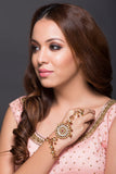 CZ Stones Haath Phool In Red & Gold