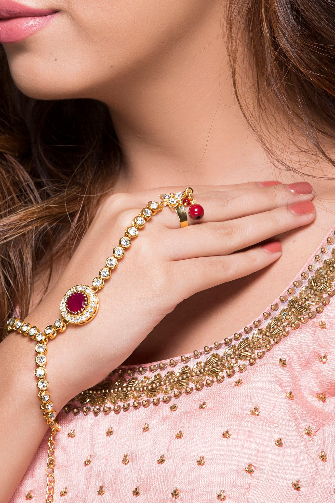 2022 Fashion Indian Thai Golden Finger Bracelet Shining Red Gem Girl's  Belly Dance Bracelet Jewelry Gift