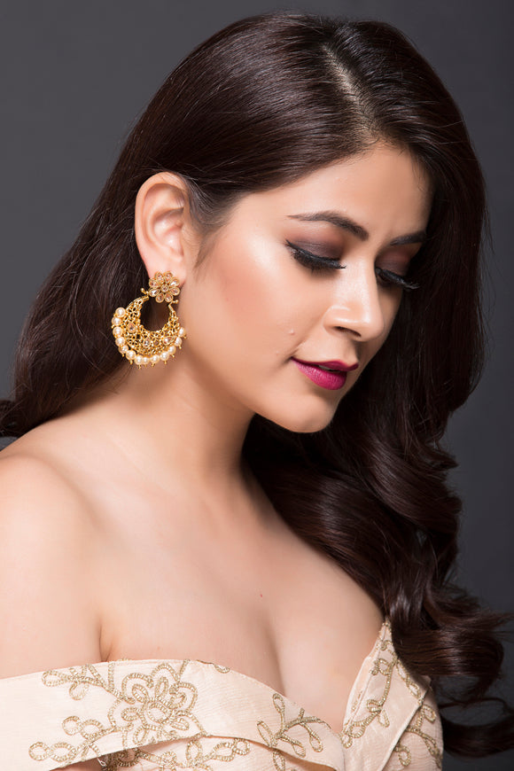 Fashion Chaand-Bali With Coffee Pearls & American Diamonds