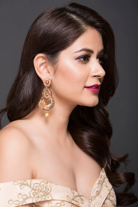 Floral Water Drops Machined Earring With Coffee Pearl
