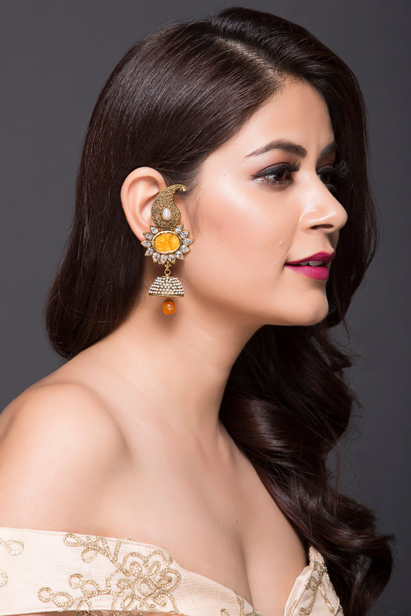 Western Jhumki With Yellow Galactic Stones & Pearls With American Diamond