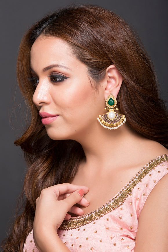 Meenakari Chaand-Bali With Pearls & Green Saphire