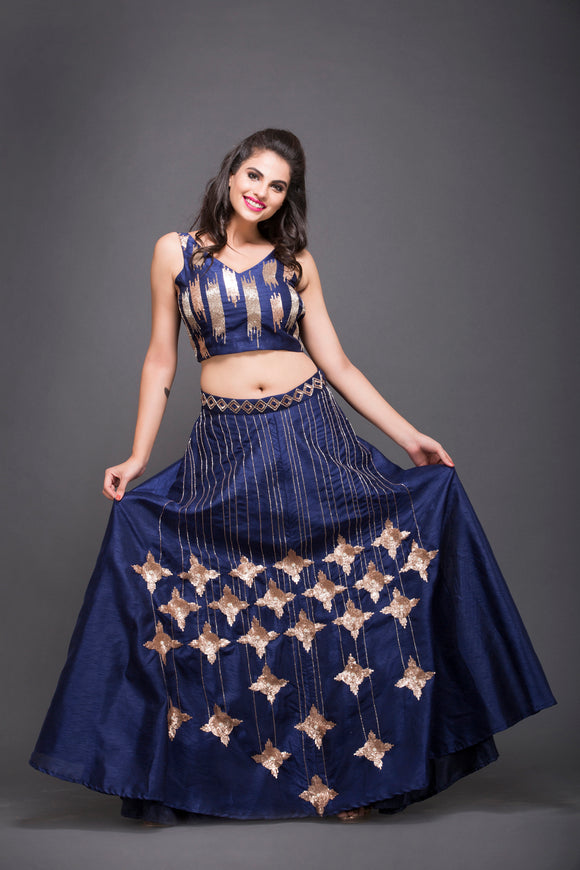 Royal Blue Embroidered Crop Top Skirt