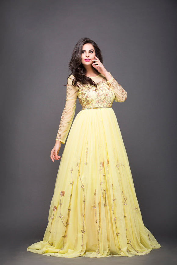 Festive, Wedding Yellow color Brocade fabric Gown : 1628730