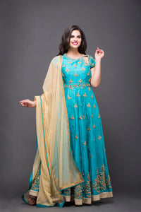 Sky Blue Embroidered Anarkali Suit With Beige Dupatta