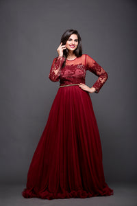 Maroon Cocktail Gown With Lace & Thread Work