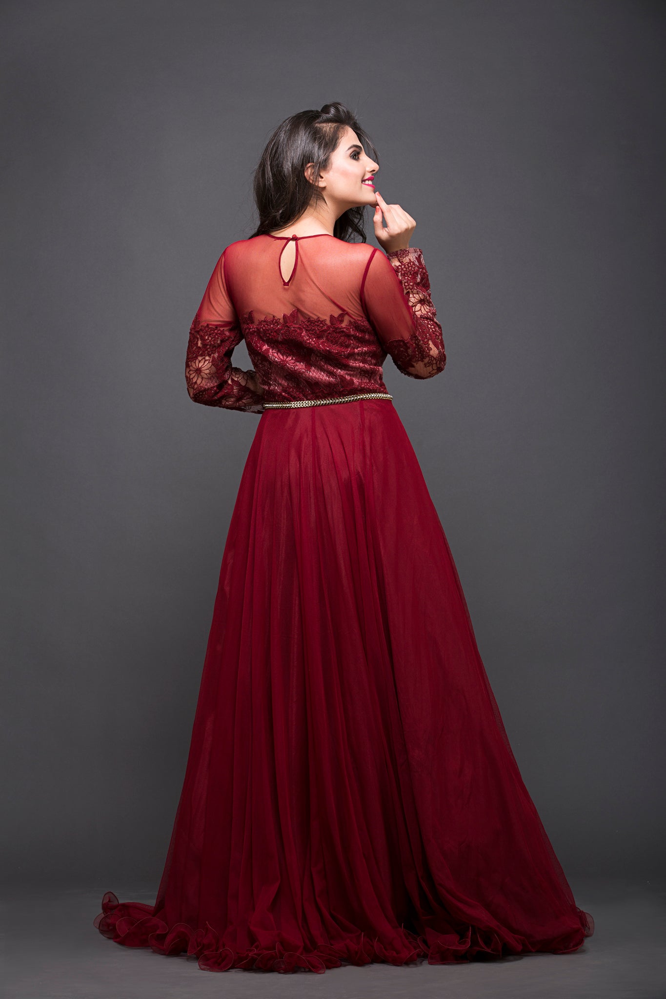 Maroon Wine Off-Shoulder Elegant Satin Gown – ShObO