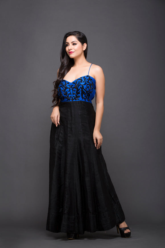 Hand Embroidered Cocktail Gown In Blue & Black