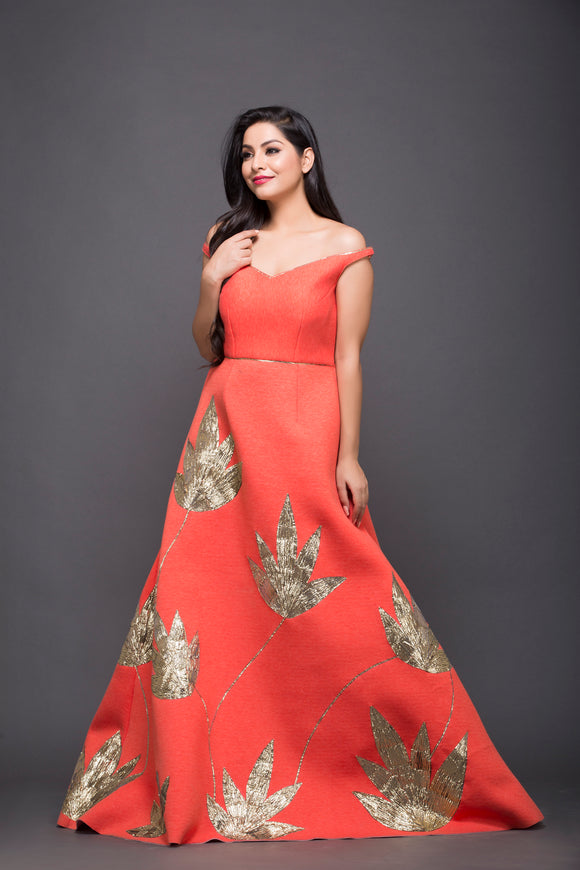 Neoprene off shoulder gown with gota work flowers