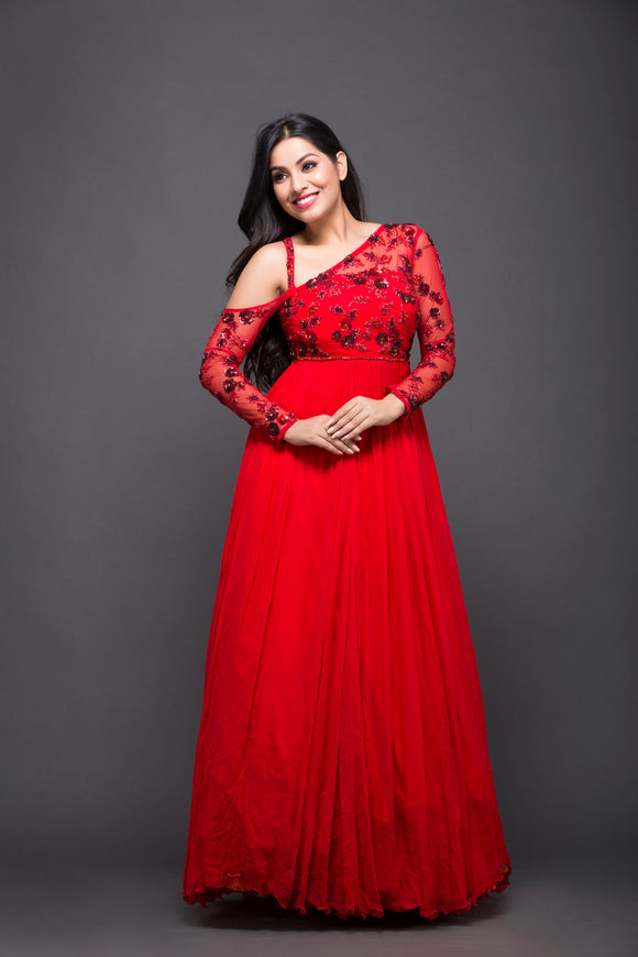 Nothing says confidence and glamour like a classic red  Deep red pure  raw silk off shoulder floor length   Indian designer wear Indian gowns Indian  dresses