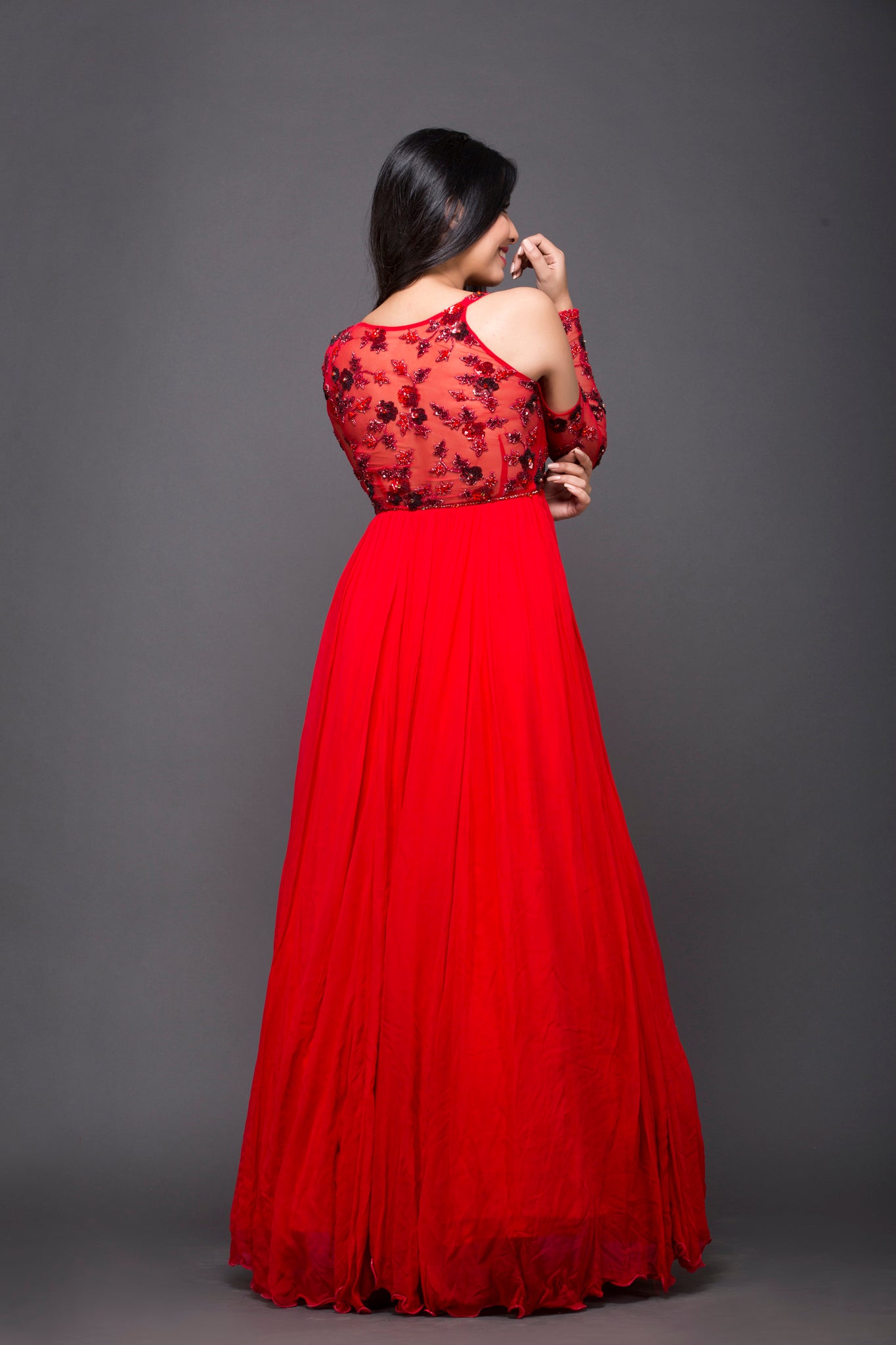 Off shoulder red layered gown with beading – Ricco India